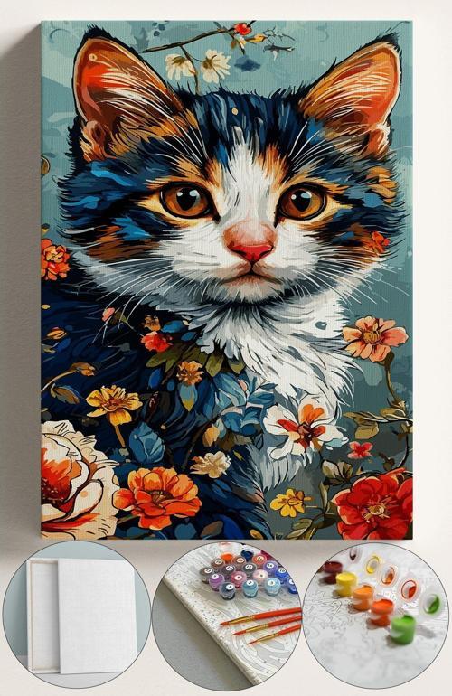 Sayılarla Boyama Çerçeveli Hobi Seti Numaralı Tuval Fırça Boya Kasnaklı 40X50 Cm -Kedi Çiçek