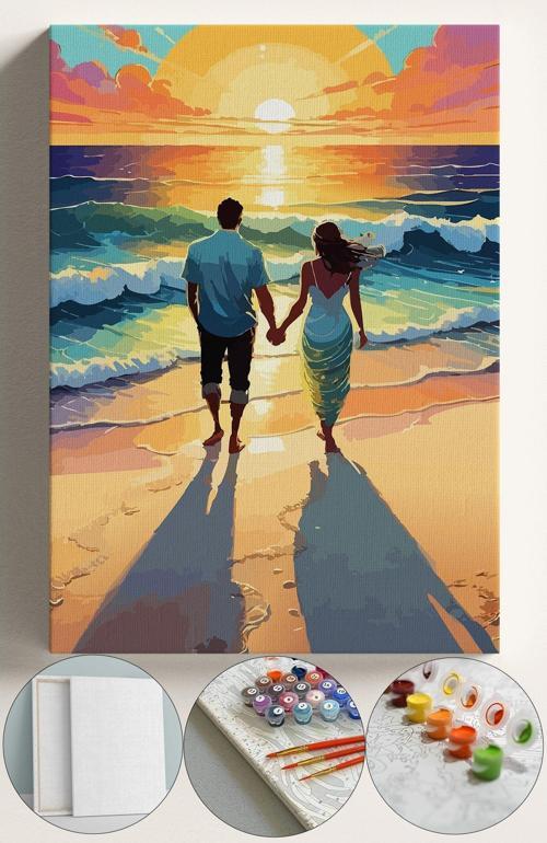 Sayılarla Boyama Çerçeveli Hobi Seti Numaralı Tuval Fırça Boya Kasnaklı 40X50 Cm Sahil Ve Sevgililer