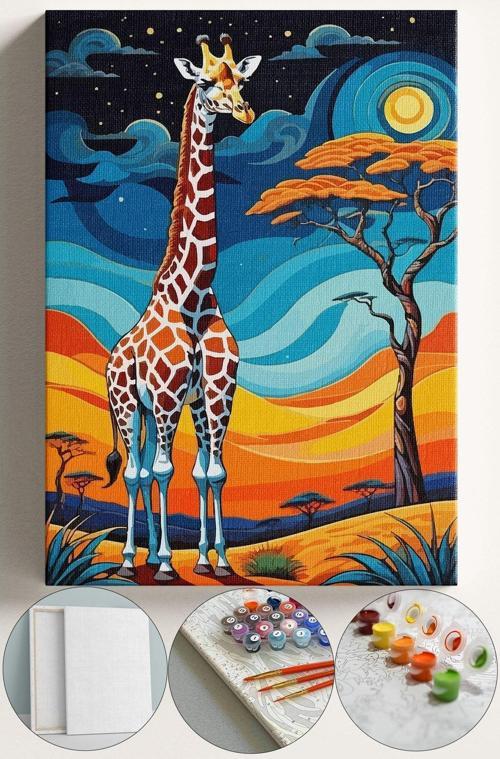 Sayılarla Boyama Çerçeveli Hobi Seti Numaralı Tuval Fırça Boya Kasnaklı 40X50 Cm Zürafa Gece