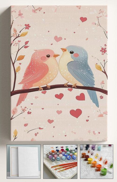 Sayılarla Boyama Çerçeveli Hobi Seti Numaralı Tuval Fırça Boya Kasnaklı Sevgili Kuşlar 40X50 Cm