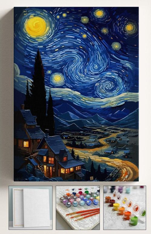 Sayılarla Boyama Çerçeveli Hobi Seti Numaralı Tuval Fırça Boya Kasnaklı Yıldızlı Gece Köy 40X50 Cm