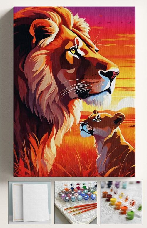 Sayılarla Boyama Hobi Seti Çerçeveli Numaralı Tuval Fırça Boya Dahil Kasnaklı Aslan Oğul 40X50 Cm
