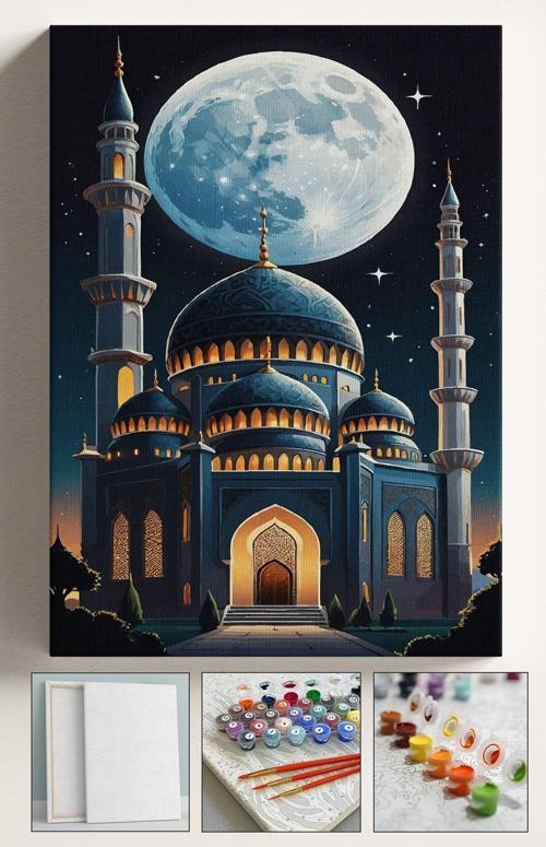 Sayılarla Boyama Hobi Seti Çerçeveli Numaralı Tuval Fırça Boya Dahil Kasnaklı Dolunay Camii 40X50 Cm