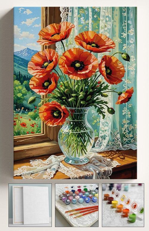 Sayılarla Boyama Hobi Seti Çerçeveli Numaralı Tuval Fırça Boya Dahil Kasnaklı Gelincik 40X50 Cm