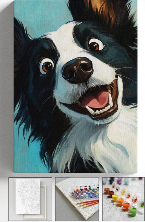Sayılarla Boyama Hobi Seti Çerçeveli Numaralı Tuval Fırça Boya Dahil Kasnaklı Gülen Köpek 40X50 Cm