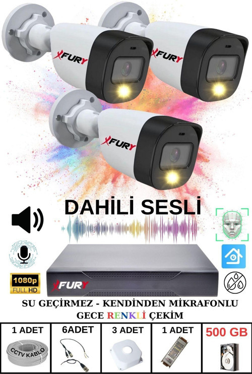 3 LÜ Sesli Gece Renkli Görüş Güvenlik Kamerası Su Geçirmez Güvenlik Kamerası Seti 500GB