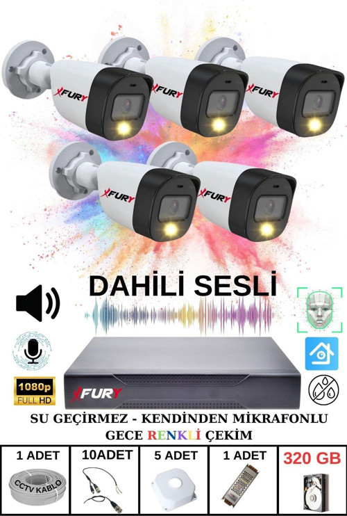 5 li Sesli Gece Renkli Görüş Güvenlik Kamerası Su Geçirmez Güvenlik Kamerası Seti 320GB