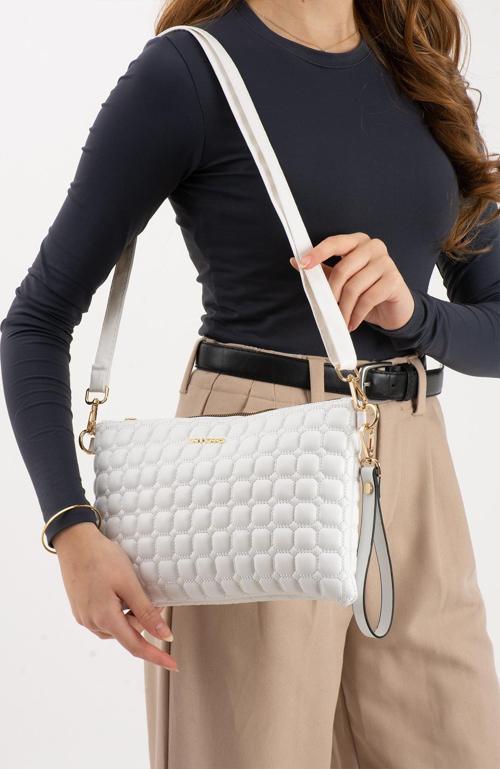 Kadın Suni Deri Beyaz Renkli Ayarlanabilir Çapraz Ve El Askılı Portföy, Clutch Çanta