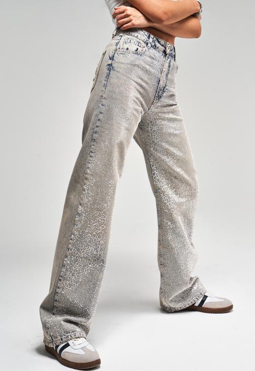 Kadın T.Kot  Rengi T-4S5-90 Parlak Taşlı %100 Koton Tasarım Straight Fit Denim Jean