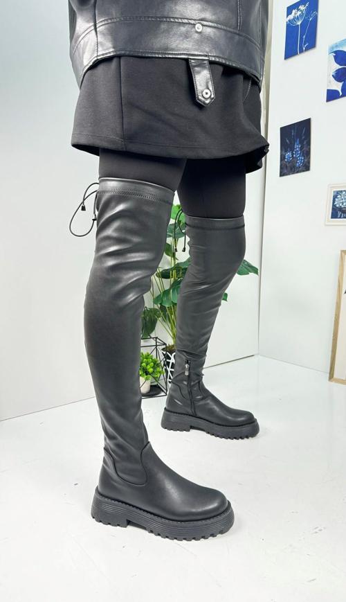 Günlük Kadın Çizme Streç Kalın Topuklu Tırtıklı Taban Oval Burunlu Esnek Rahat Fermuarlı Dizüstü 230