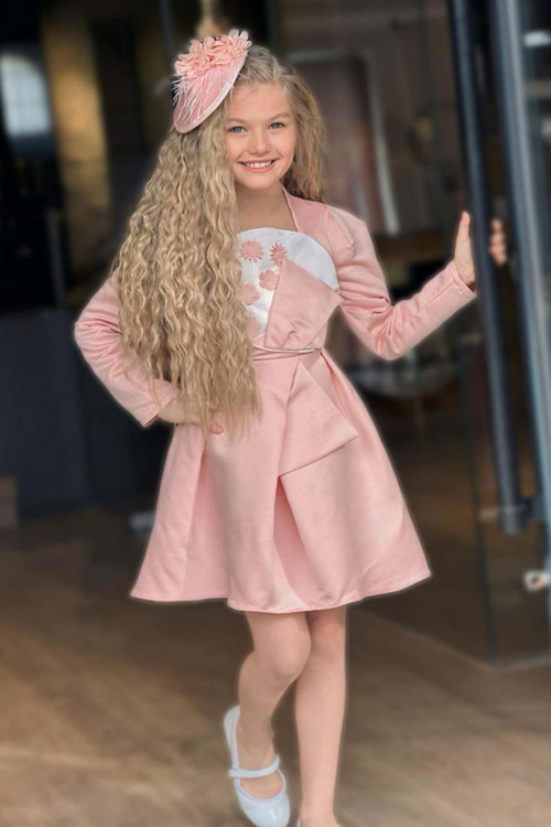 Kız Çocuk Kare Yaka Göğsü Pano Çiçek Asimetrik Kesim Pembe Elbise