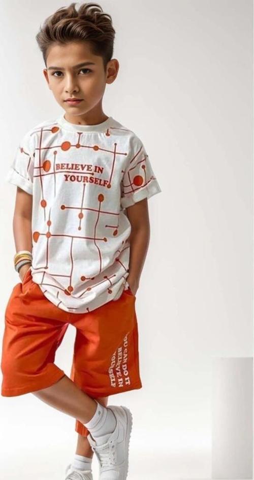 Erkek Çocuk Believe Yazı Baskılı Kısa Kollu Turuncu Şortlu Takım