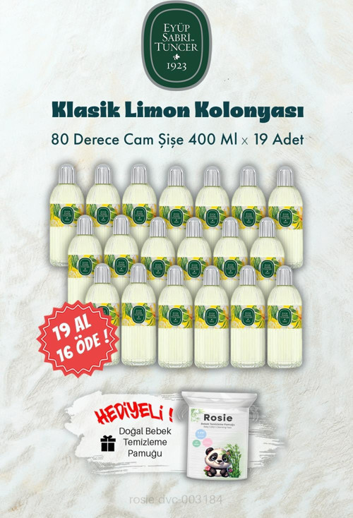 Cam Şişe 80 Derece Klasik Limon Kolonyası 19 AL 16 ÖDE 400 ML ve ROSIE Hediye