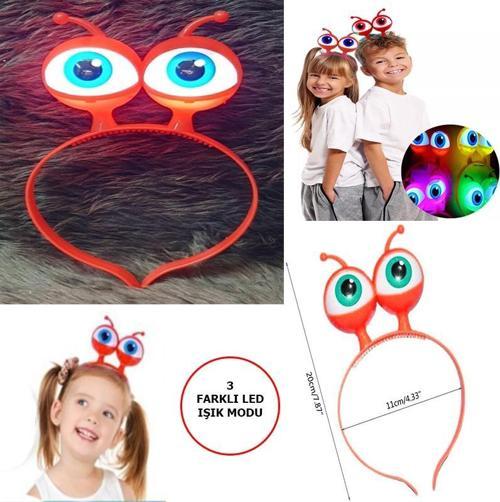 Led Işıklı & Pilli 3 Farklı Modda Yanan Uzaylı Göz Parti Tacı Kırmızı Renk 18x12 cm