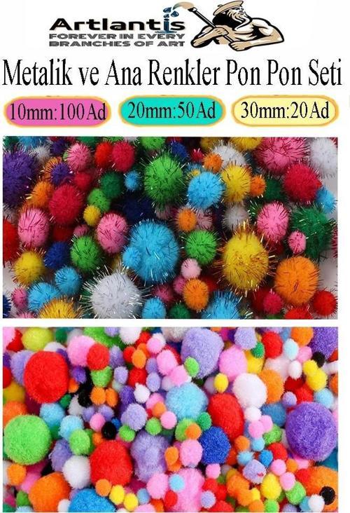 Renkli Pon Pon 10 20 30 mm 170 li 1 Paket Metalik ve Ana Renkler Peluş Ponpon Tüylü Ponpon Okul Öncesi Kreş Elişi