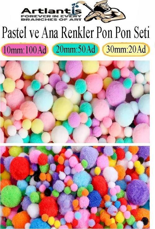 Renkli Pon Pon 10 20 30 mm 170 li 1 Paket Pastel ve Ana Renkler Peluş Ponpon Tüylü Ponpon Okul Öncesi Kreş Elişi Etkinli