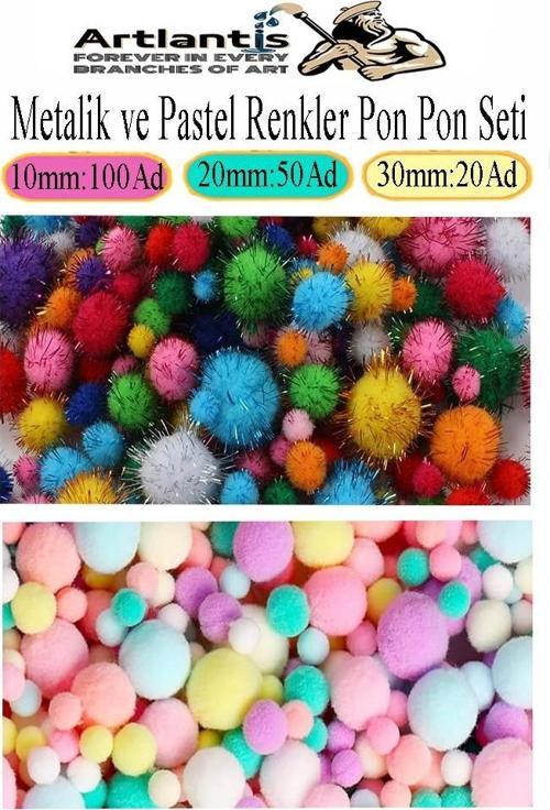 Renkli Pon Pon 10 20 30 mm 170 li 1 Paket Pastel ve Metalik Renkler Peluş Ponpon Tüylü Ponpon Okul Öncesi Kreş Elişi