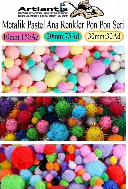 Renkli Pon Pon 10 20 30 mm 255 li 1 Paket Pastel Metalik ve Ana Renkler Peluş Ponpon Tüylü Ponpon Okul Öncesi Kreş Elişi