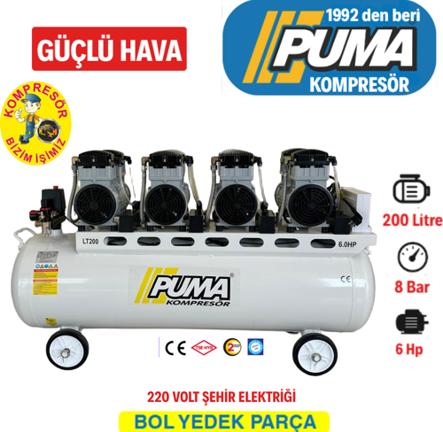 200 LT YAĞSIZ SESSİZ KOMPRESÖR 220 V MONOFAZ 6 HP, 8 PİSTON