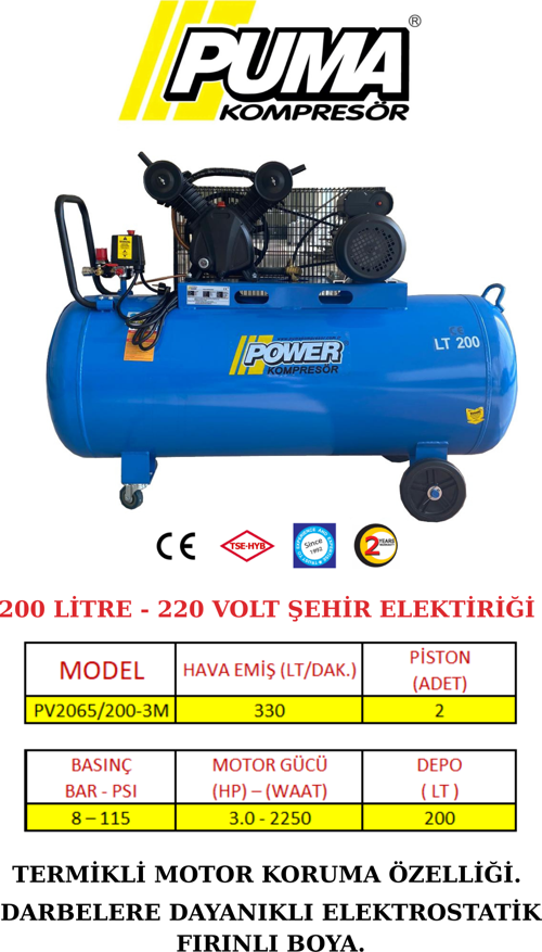 200 Lt Döküm Kafalı Yağlı Pistonlu Kompresör 220 Volt Monofaze Tekerli 3 Hp, 2 Piston, 8 Bar