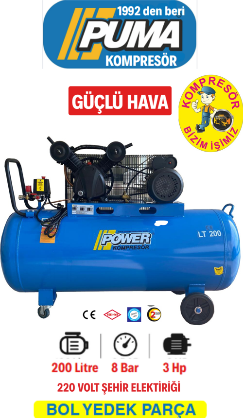 200 Lt Döküm Kafalı Yağlı Pistonlu Kompresör 220 Volt Monofaze Tekerli 3 Hp, 2 Piston, 8 Bar