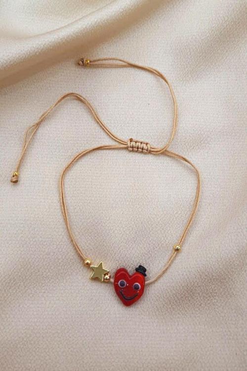 ŞAPKALI KALP EL YAPIMI CAM MURANO HALHAL BİLEKLİK