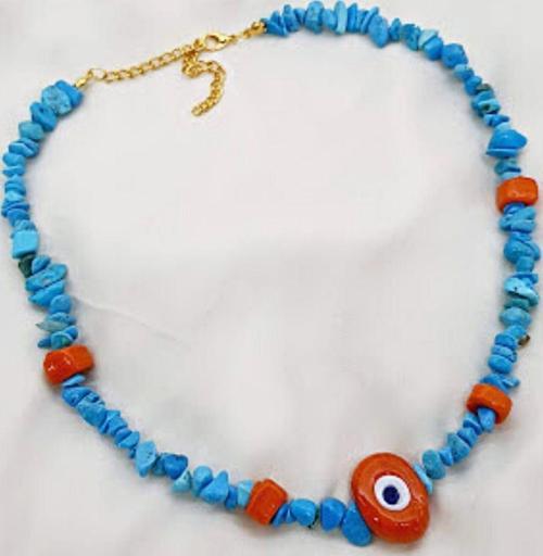 FİRUZE DOĞALTAŞ TURUNCU CAM NAZAR GÖZ TASARIM KOLYE