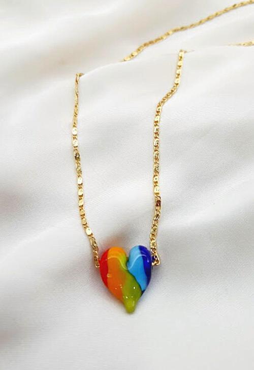 GÖKKUŞAĞI KALP EL YAPIMI MURANO CAM ZİNCİR KOLYE