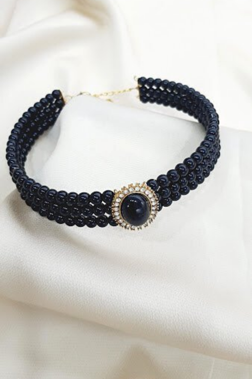 İNCİLİ CHOKER TASMA KOLYE SİYAH GOLD