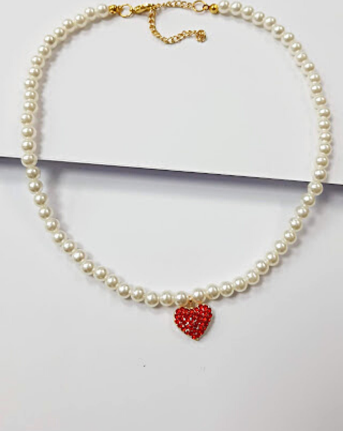 KIRMIZI KALP İNCİLİ CHOKER KOLYE