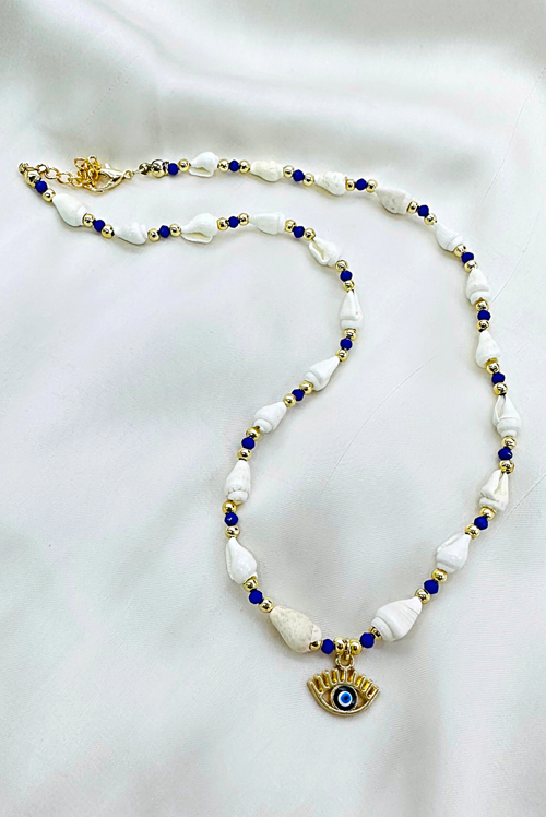 LACİVERT BONCUK DENİZ KABUĞU GÖZ KOLYE