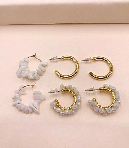 DOĞALTAŞ VE KRİSTAL HALKA KÜPE SET BEYAZ