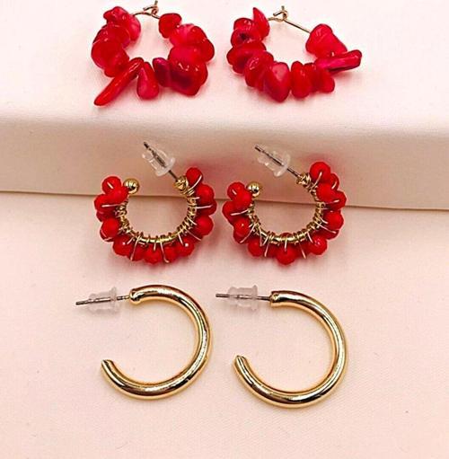 DOĞALTAŞ VE KRİSTAL HALKA KÜPE SET KIRMIZI