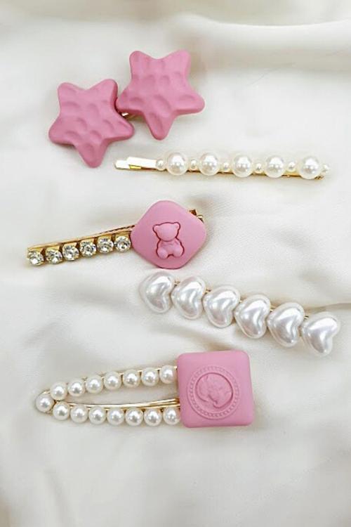 5 Lİ PENS İNCİ KALP AYICIK TOKA SET PEEMBE