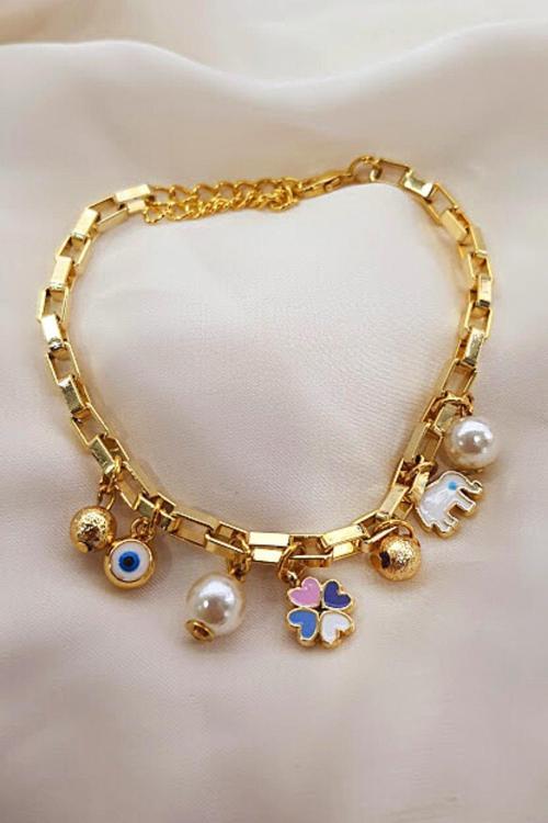 LİLA YONCA FİL NAZAR İNCİ CHARM BİLEKLİK HALHAL GOLD