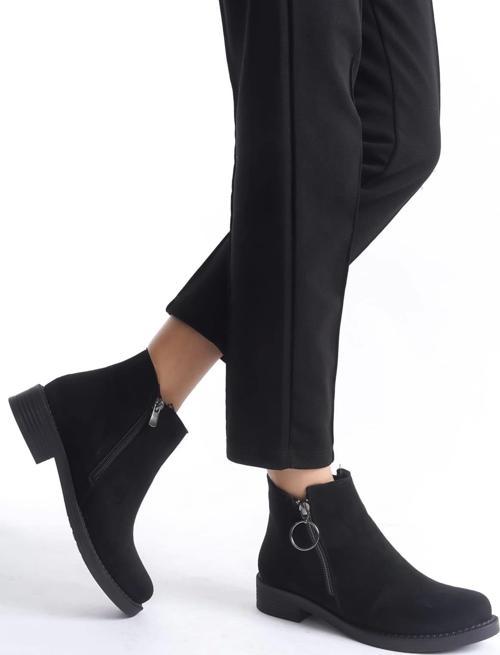 Margaret Fermuarlı Ortopedik Taban Topuklu Süet Kadın Bot - St Siyah