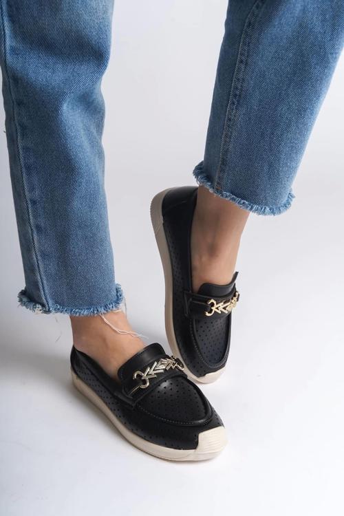 Lıly Bağcıksız Ortopedik Rahat Taban Kalp Desenli Kadın Babet Ayakkabı - Kt Siyah