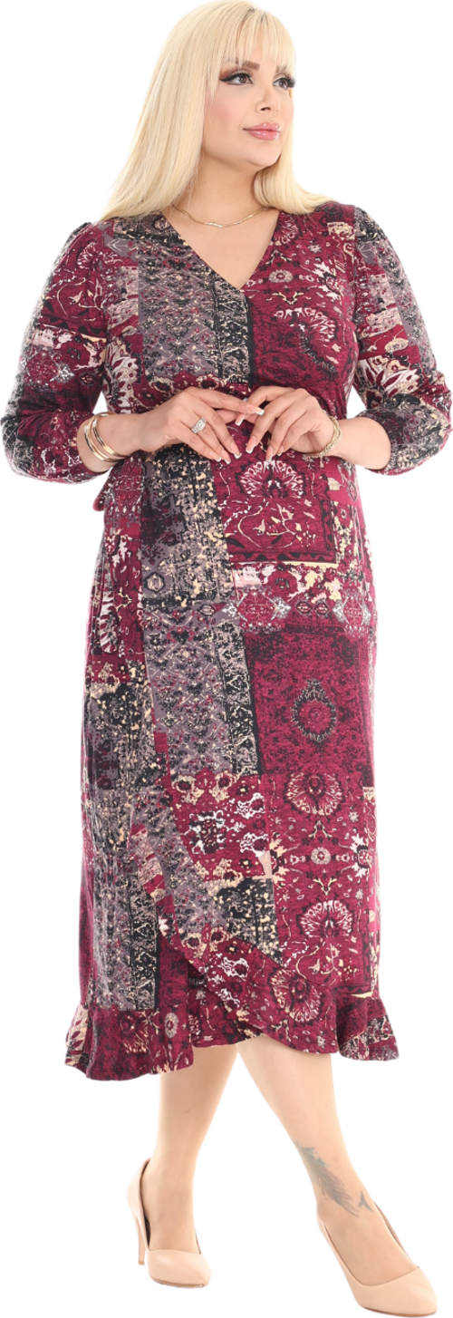 Butik Kruvaze Yaka Bordo Etnik Desen Anvelop Etek Midi Elbise