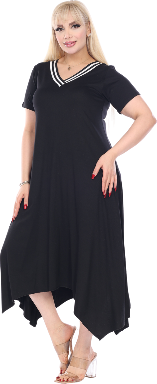 Butik Siyah V Yaka Yakası Şeritli Asimetrik Kısa Kollu Elbise