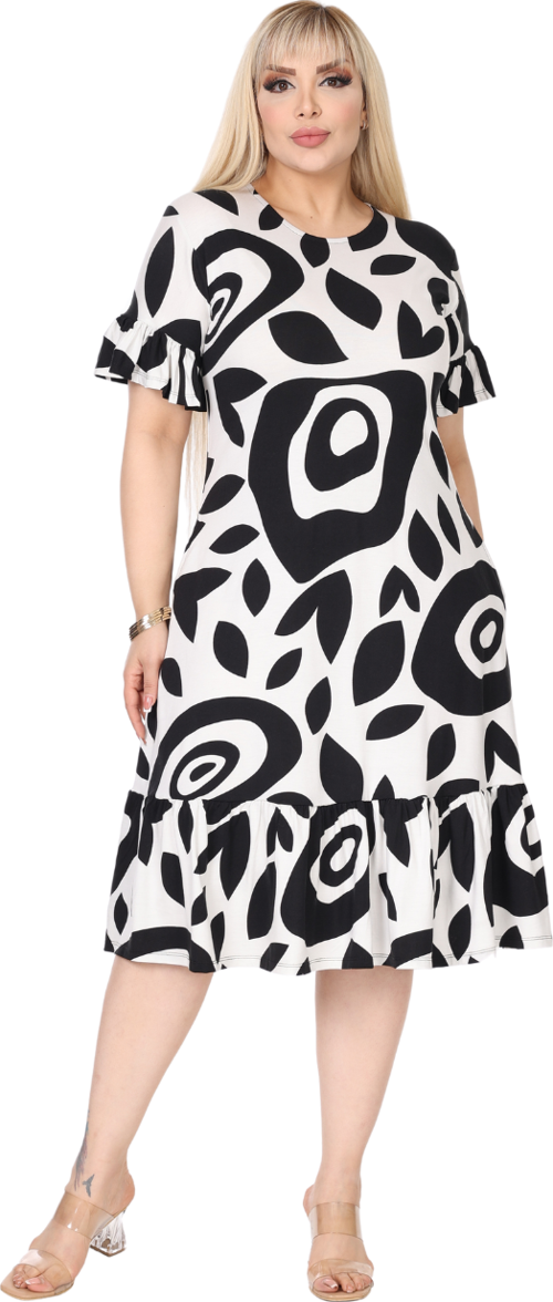 Butik Kadın Büyük Beden Eteği Fırfırlı Beyaz Nazar Desen Cepli Elbise