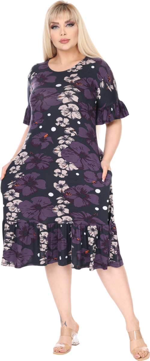 Butik Kadın Büyük Beden Eteği Fırfırlı Mor Gelincik Desen Cepli Elbise