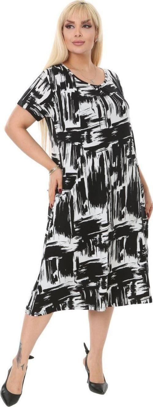 Butik Siyah Fırça Desen Cepli Kısa Kol Kadın Midi Elbise