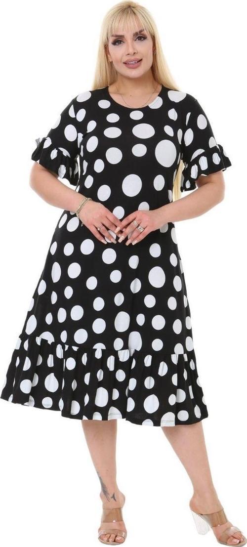 Butik Puantiye Desen Cepli Fırfırlı Kısa Kol Kadın Midi Elbise