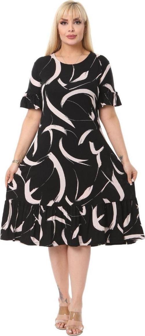 Butik Tüy Desen Cepli Fırfırlı Kısa Kol Kadın Midi Elbise