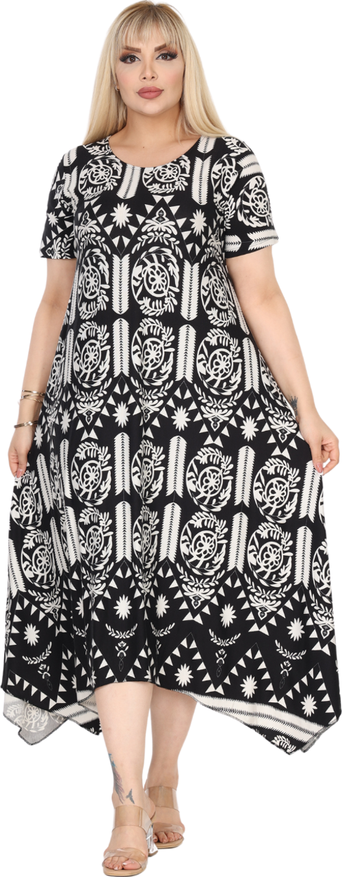 Butik Beyaz Retro Desen Asimetrik Kısa Kollu Elbise