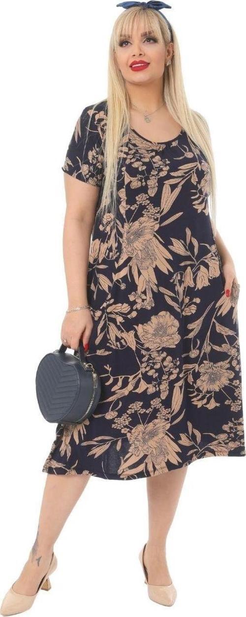 Butik Lacivert Yaprak Kuplu Cepli Kısa Kol Kadın Midi Elbise