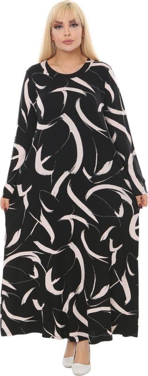 Butik Beyaz Tüy Desen Kollu Kadın Uzun Tesettür Elbise