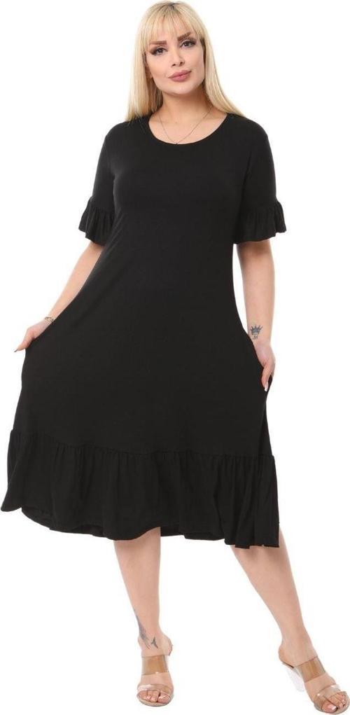 Butik Cepli Fırfırlı Siyah Kısa Kollu Kadın Midi Elbise