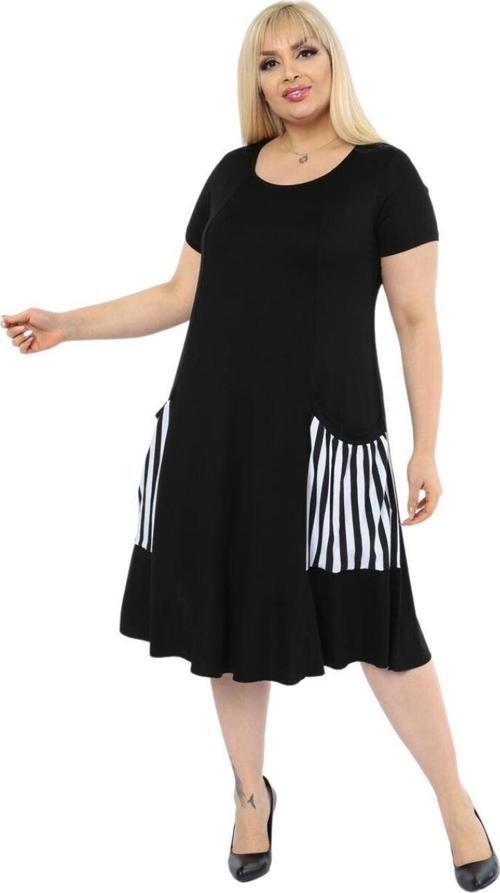 Butik Balon Cepli Çizgi Desen Kısa Kollu Midi Elbise