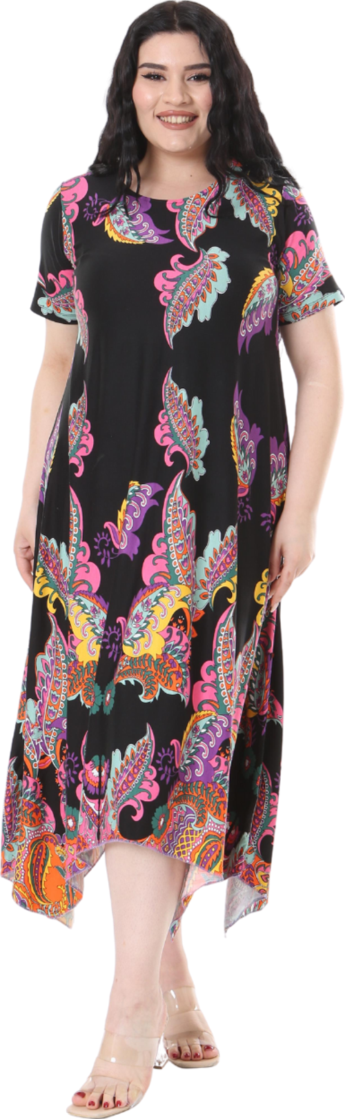 Butik Siyah Renkli Şal Desen Asimetrik Kısa Kollu Elbise